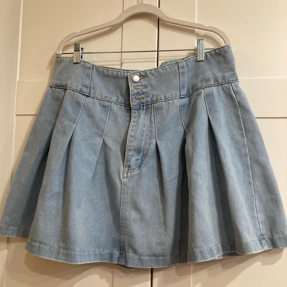 Light Wash Pleated Denim Mini Skirt High Waisted Box ,Skater Skirt